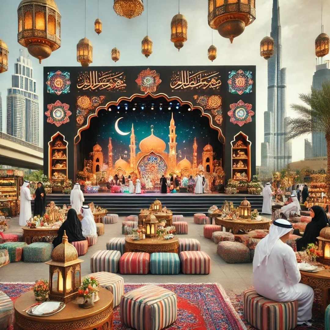 A festive outdoor Eid-ul-Fitr event in Dubai with a decorated stage, traditional Arabian designs, colorful lanterns, and elegant seating. Families in traditional attire enjoy food stalls, a small bazaar selling Eid gifts, and a lively atmosphere.