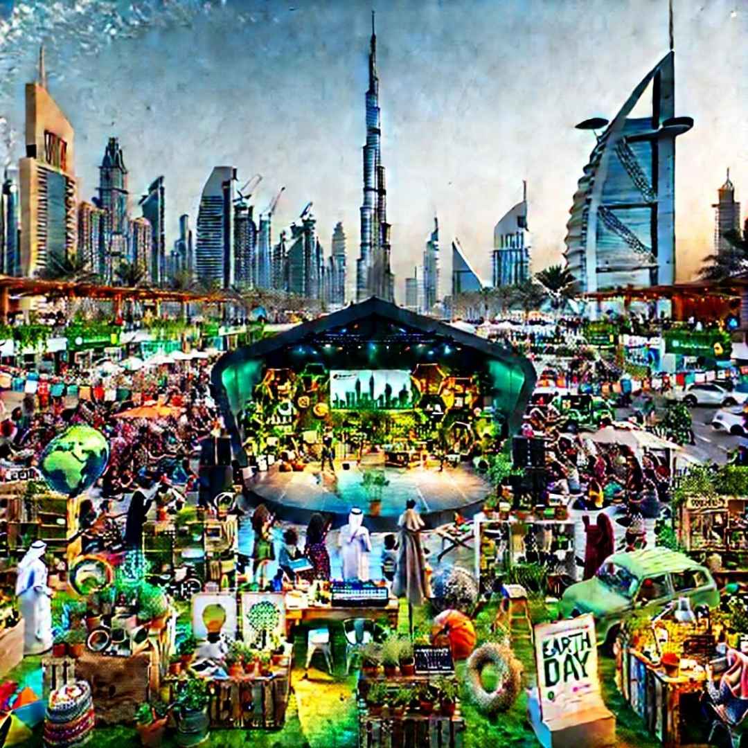 A vibrant outdoor Earth Day event setup in Dubai with a modern stage and the Dubai skyline in the background. The event features eco-friendly decorations, colorful lighting, and a diverse crowd enjoying activities. There are booths showcasing green initiatives, a workshop area with people planting, and banners celebrating sustainability, creating a lively and engaging atmosphere.