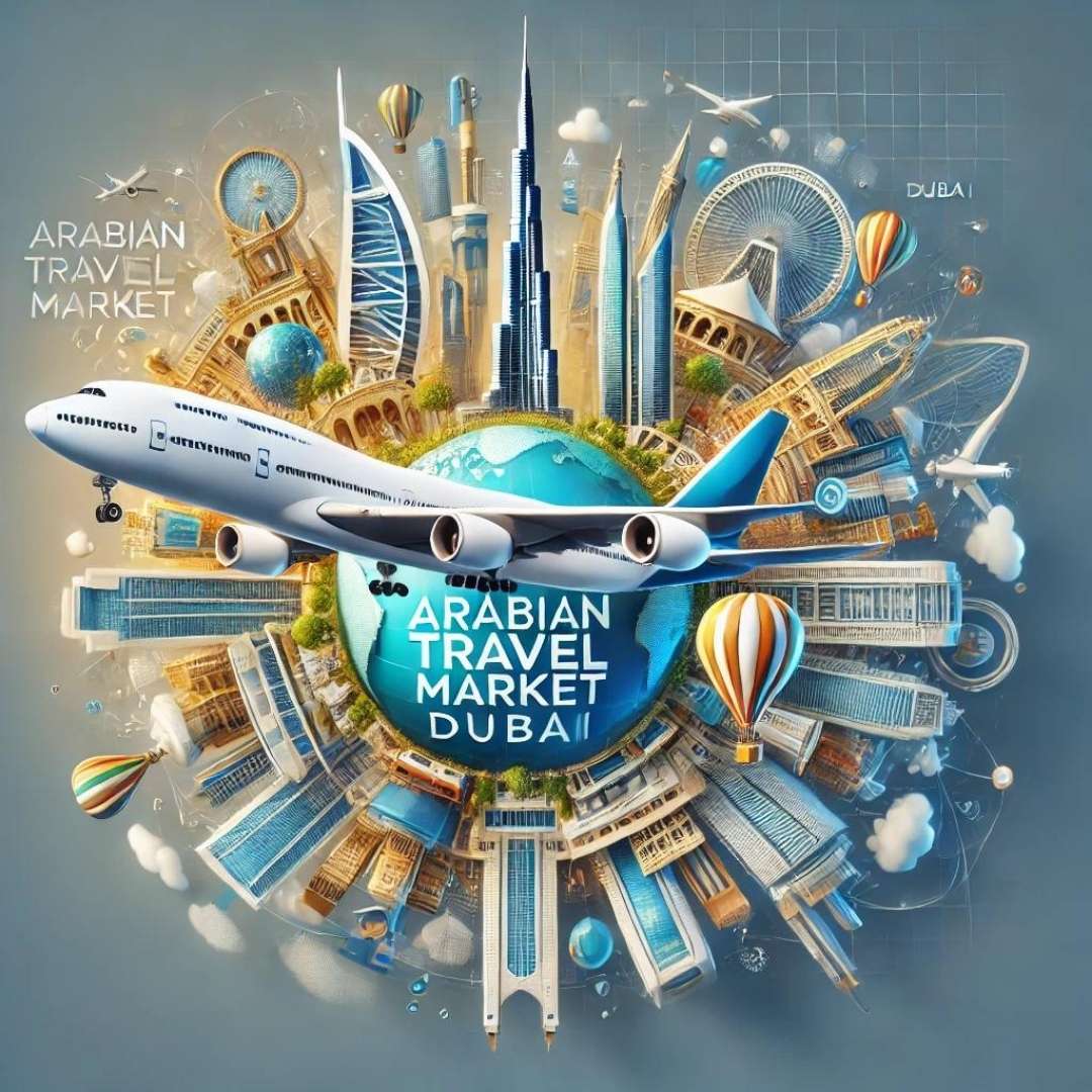 Creative representation of the Arabian Travel Market Dubai Exhibition featuring global travel elements, airplanes, exhibition stands, and the Burj Khalifa. The design uses vibrant blue, gold, and white colors to symbolize innovation, luxury, and global networking opportunities in the travel industry.