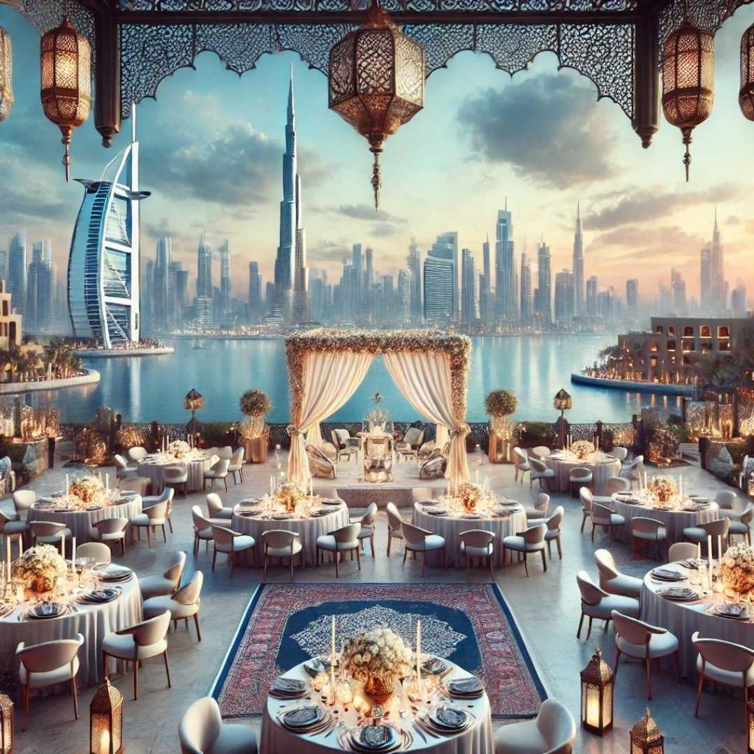 legant event destination setup in Dubai featuring beautifully arranged tables, Arabian-themed décor, and a view of iconic Dubai landmarks like the Burj Khalifa and Burj Al Arab, showcasing Dubai as a top event destination.