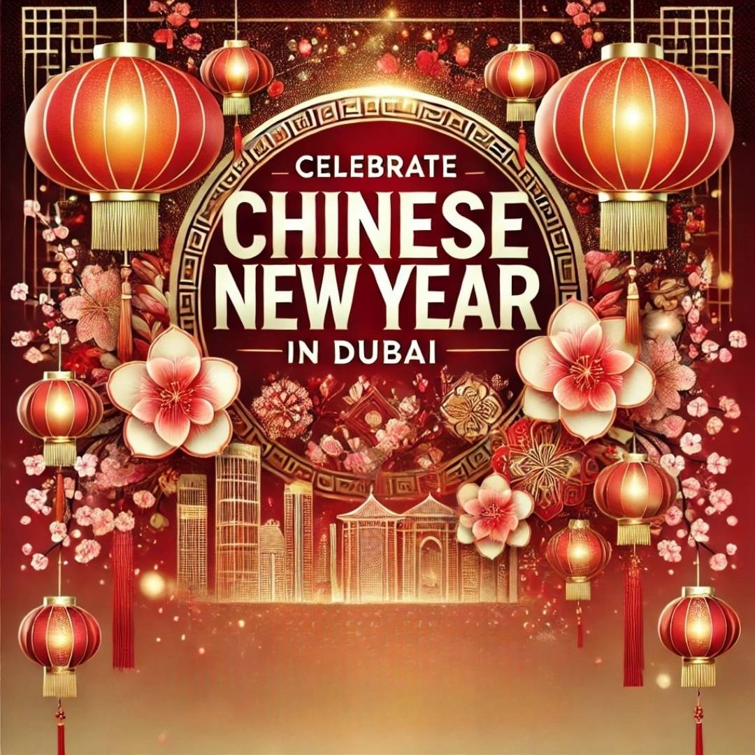 Chinese New Year events in Dubai by M&M Group, featuring festive decorations, lanterns, and a dragon dance stage.