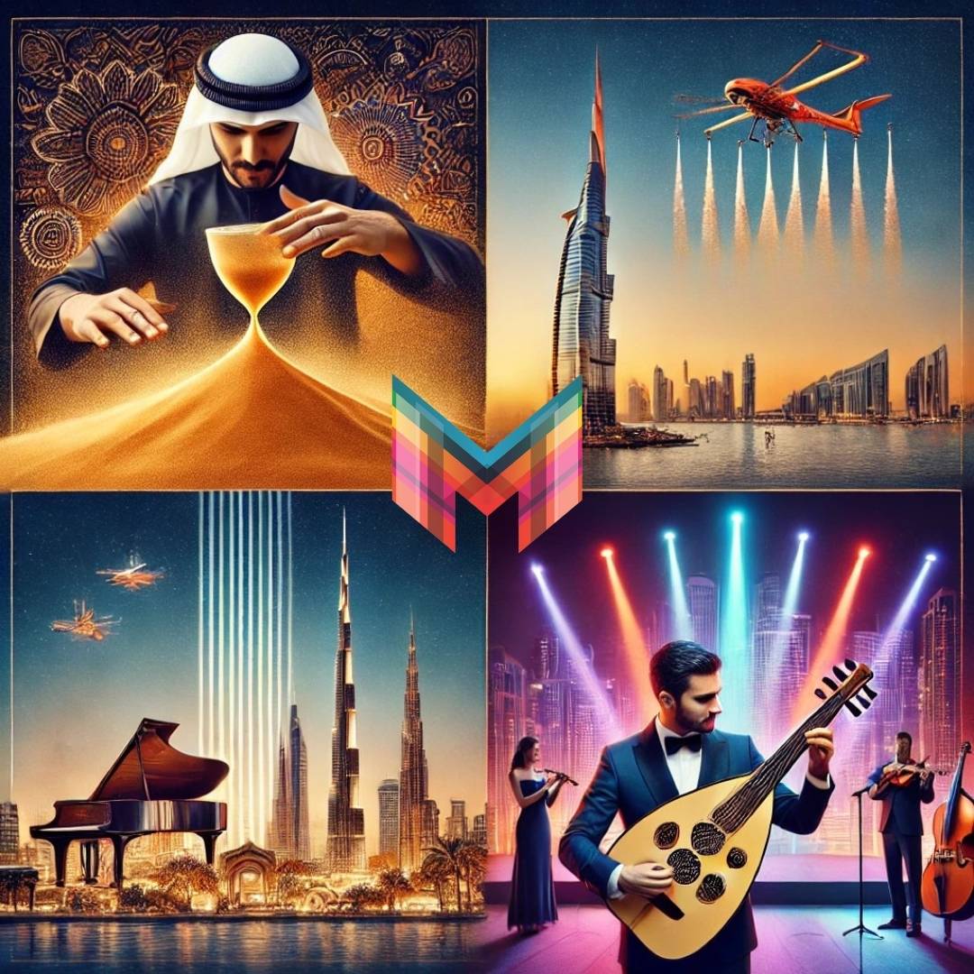 Top Entertainment Acts in Dubai by M&M Group Events Management – Live Sand Art, Drone Shows, and Oud Performances for Weddings, Corporate Events, and Private Parties.